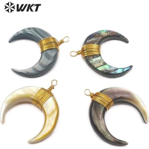 WT-P848 Handmade Shell Horn Pendant Natural Sea Shell Mixed Colors Charm Wendant With Wire Wrapping Abalone Shell Pendant
