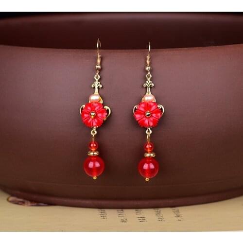 Temperamental Simplicity Chinese Ancient Red Coloured Glaze Eardrop Wonderful Performance Retro Wind Princess Earrings