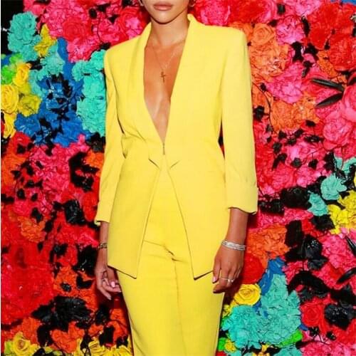 Women Business Suits Blazer Jacket+Pants Formal Yellow Ladies Pant Suits Office Uniform Style Female Trouser PantSuit