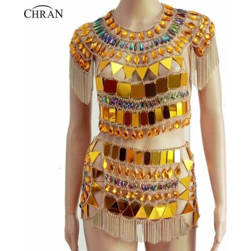 Chran Sequin Chain Bralette Skirt Sets Sexy Showgirls Dress Festival Costume Fringe Body Chain