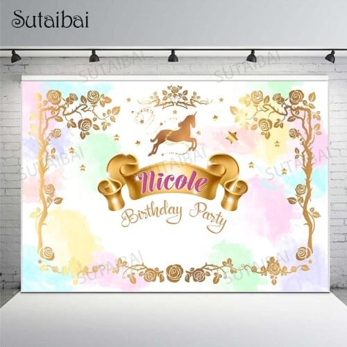 Gold Unicorn Rose Flowers Floral Banner Watercolor Backdrop Baby Shower Birthday Party Girls Custom Background Decoration Banner