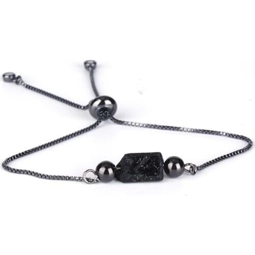 5pcs/lot Natutal Rough Black Tourmaline Bead Hematite Adjustable Healing Stone Gunblack Color Chain Link Women Bracelets