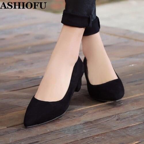 ASHIOFU New Handmade Simple Style Ladies Chunky Heels Pumps Faxu-suede Slip-on Party Prom Shoes Evening Daily Wear Fashion Shoes