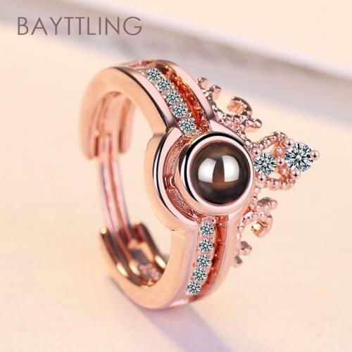 BAYTTLING 925 Sterling Silver Crown 100 Languages I Love You Open Zircon Ring For Women Fashion Jewelry Gift Couple Ring