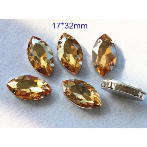 Free Shipping - 15 pcs Big Marquise Sew on Bead,Flat Back Silver Setting Beads For Sewing,Glass Champagne DIY Supplies