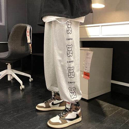 Men Sweatpants Retro Running Pants Harajuku Bear Print Basic Teens Streetwear Casual Workout Trouser Loose Hip Hop Pants Unisex