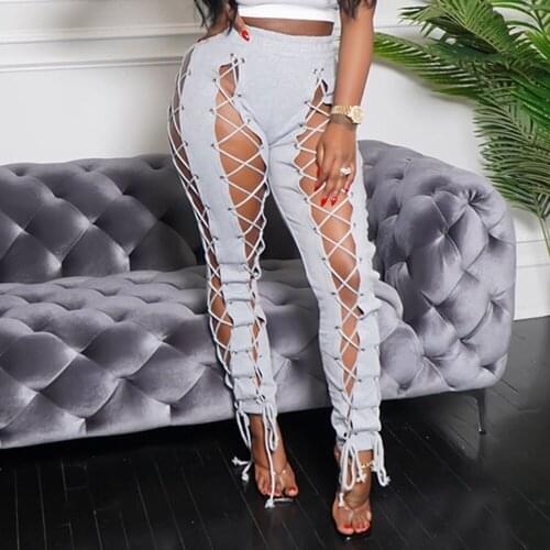 2021 Summer Autumn Trousers Pants sexy Night Club Elastic Cross Criss Bandage High Waist Lace Up Pants Women Streetwear