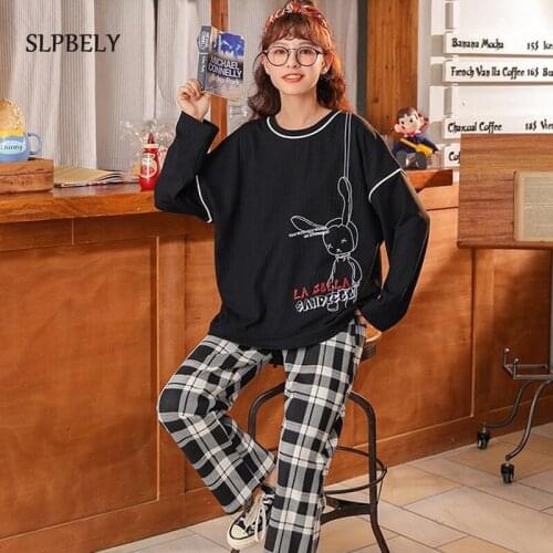 SLPBELY Home Clothes for Women Plaid Pants Pajamas for Women Cotton Cartoon Sleepwear Autumn Pyjamas Women Pijamas Home Clothing