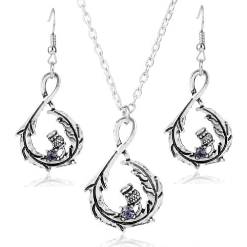 Dongsheng jewelry Elegant Thistle Necklace Earrings Set Women Jewelry Sets Vintage Purple Rhinestones Flower jewellery