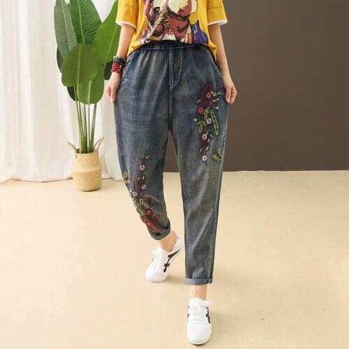 Denim Harem Pants Flower Embroidery Vintage Loose Jeans Plus Size New Arrival Spring Autumn Women Elastic Waist Cotton