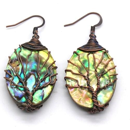 KFT Natural Abalone Shell Oval Shape Shell Dangel Hook Earrings Wire Wrapped Tree Of Life Women Girls Earring Jewelry