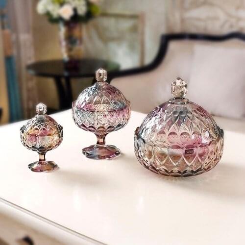 Colorful/brown Crystal Glassware Candy Jar with Lid French Stilt Fruit Snack Box Kitchen Storage Container Light Decoration Gift