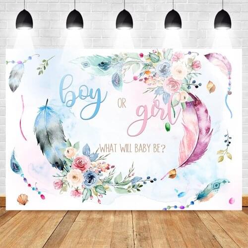 Mehofoto Gender Reveal Photo Background Boy or Girl Newborn Flowers Photography Backdrops Pink and Blue Feather Baby Shower