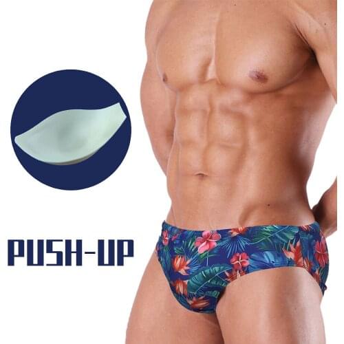 UXH Padded Men Swimming Briefs Sexy Boy Pouch Enlarge Gay Swimwear Fashion Flowers Push-Up Pad Swim Surf Beach Shorts for Male