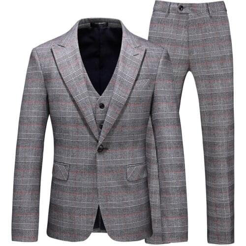Mens suit three-piece suit (jacket + pants + vest) mens gray check single button business office suit banquet formal suit