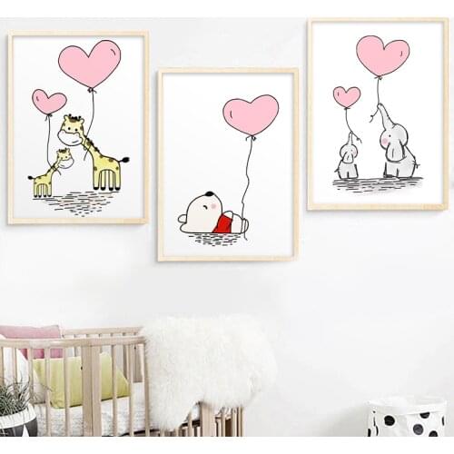 Nursery Wall Art Children Poster Elephant Giraffe Balloon Print Canvas Painting Nordic Picture for Baby Kids Bedroom Decoration