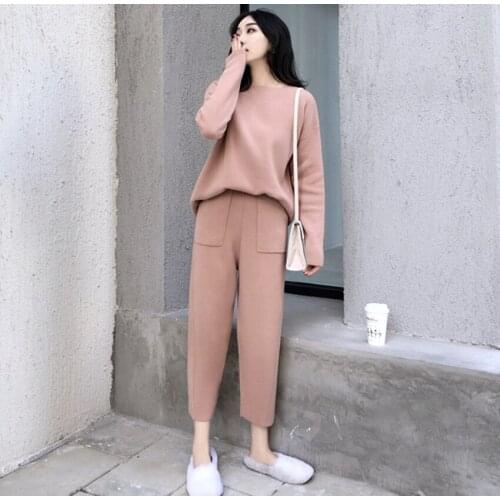 2020 New Autumn Winter Knitting 2 PCS Set Women Thick O Neck Loose Sweater Tracksuits + Casual Ankle-Length Pants Warm Suits