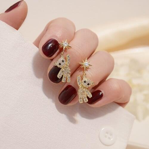 New Arrive Full Diamond Shining Cute Bear Earring for Women Charm Bling Zircon CZ Drop Earring Jewelry Pendant Accessories