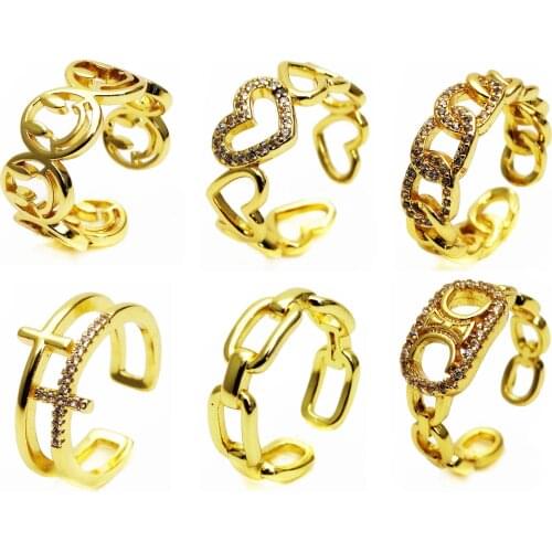 Opening adjustable ring fashion love Smiling face rings Copper Zircon ring Generous Chain Rings cross ring for women Jewelry