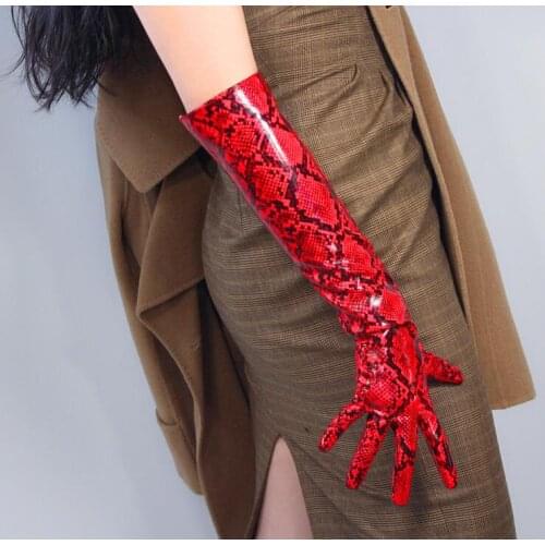 Womens fashion sexy slim red snakeskin faux pu leather glove ladys club performance formal party leather long glove 50cm R2318