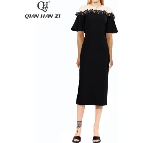 Qian Han Zi Fashion Runway Summer Dress 2021 Slim vintage Patchwork Llace bodycon dress Office OL Dresses for women