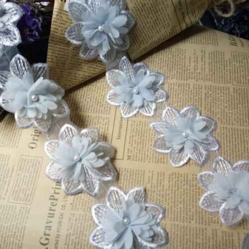 Soluble Light Blue Chiffon Pearl Flower Embroidered Lace Trim Fabric Lace Ribbon Handmade Sewing Craft For Costume Decoration