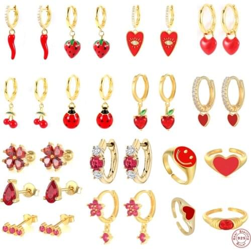 S925 Sterling Silver Hoop Earrings Red Dripping Oil Aros melocoton Yin Chili Love Heart CZ Cartilage Earring For Women Jewerly