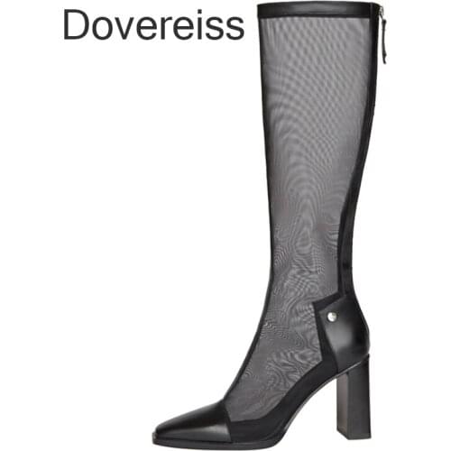 Dovereiss Fashion Womens Shoes Summer Chunky Heels Sexy Wire side Square Head Knee High Boots Cool Boots Ladies Boots 33 40
