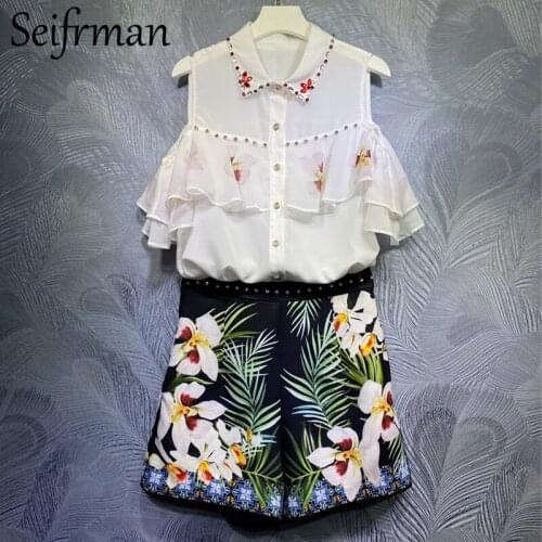 Seifrmann New 2021 Summer Women Fashion Runway Shorts Set Sexy Strapless Crystal Blouses+Floral Printed Shorts 2 Two Pieces Suit
