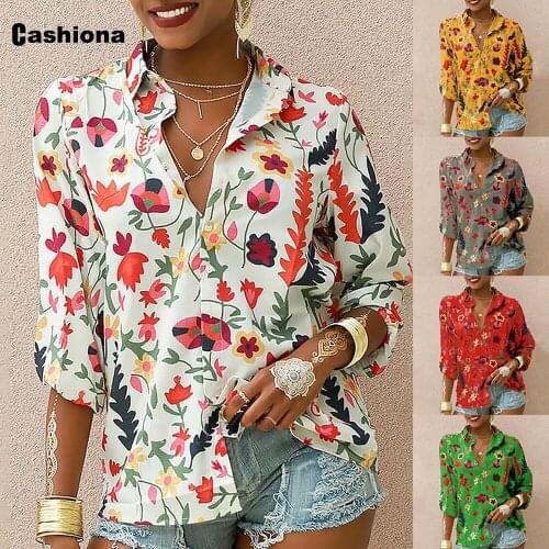 Cashiona Plus Size Women Elegant Fashion Blouse Long Sleeve Tops Bohemian Flower Print Shirts feminina blusas shirt ropa mujer