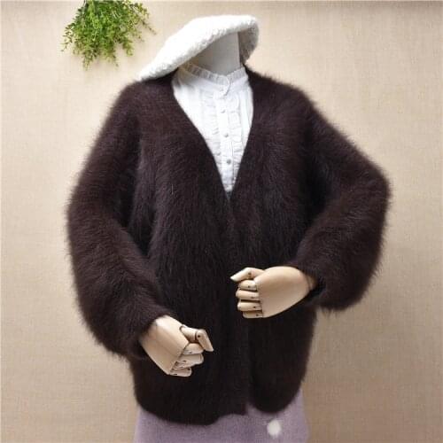 Ladies women fashion warm hairy mink cashmere knitted V-neck cardigans angora rabbit wool long sleeves jacket coat winter fall