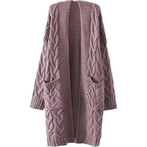Women Autumn Winter Pockets loose Cardigan Long Sleeve Twist Knitted Mid-length Coat lazy twist cardigans knitted jacke