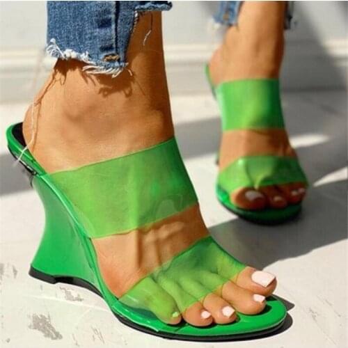 2020 NEW Summer Sexy PVC Slippers Transparent Wedges Womens Shoes High Heel Slippers Slip On Slides Pink Green 35-42