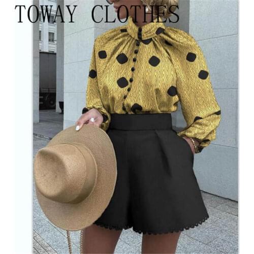 Mock Neck Polka Dot Button Decor Long Sleeve Top & Solid Pocket Shorts Set Chic Elegant 2PCS For Women 2021