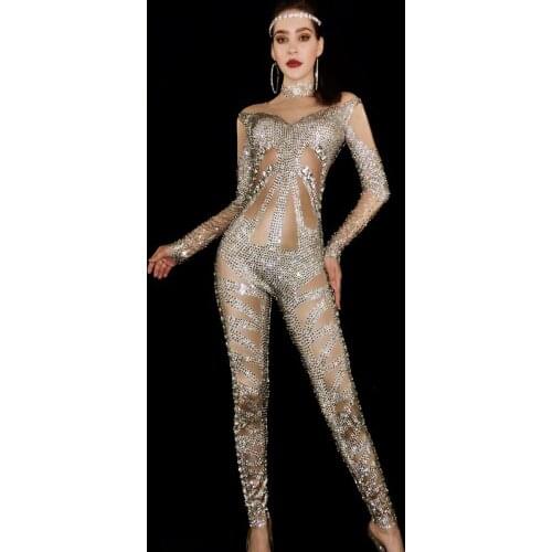 Flashing Silver Rhinestones Spandex Jumpsuit Birthday Celebrate Bar Outfit Women Singer Dance Wear Leggings Outfit