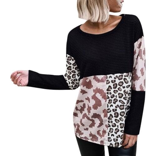 Leopared Print Round Neck Long Sleeve Splicing Autumn Sweater Women Casaul Pullover AM2215
