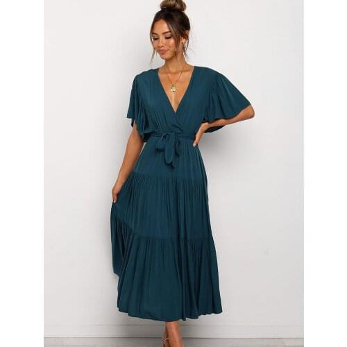 2021 Summer Elegant Long Dress Women Solid V Neck Good Quality Office Lady Dress Plus Size Fashion Party High Waist Tie Sundress