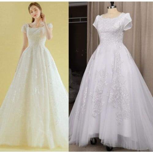 4251 # Fairy Appliques Wedding Dress Boat-Neck Lace Short Tulle Sleeve A-Line Ruched Tulle Vestido De Novia Bridal