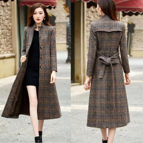 2019 Winter Women Jacket Plaid Pockets Wool Coats Blends Office Work Long Fashion Female Slim With Belt Long Sleeve Outerwear