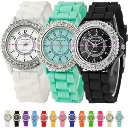 10 pcs Silicone Gnova Platinum Rhinestone Silver Crystal Watch Women Silicon Fashion Genava Style wholesale LOT