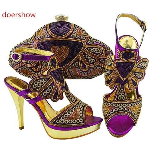 Doershow new Arrival purple Italian Shoes And Bag Set Top Fashion Woman Sandals Shoes Sexy Lady Shoes With Bag Hot Sale SUU1-12