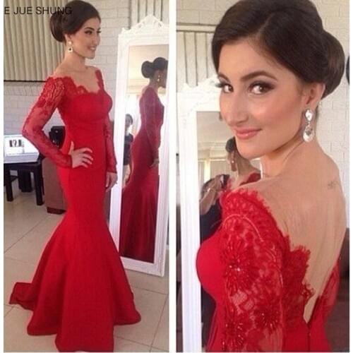 E JUE SHUNG Red Lace Mermaid Evening Dresses Long 2020 Long Sleeves Backless Formal Dresses Evening Gowns