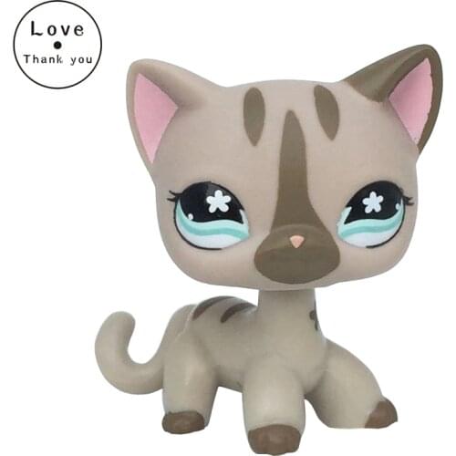 Lps cat pet shop toys standing 468 grey gray striped short hair cat blue flower eyes cute Toys Animals child collectible gifts