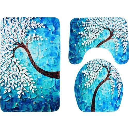 3Pcs/set Bathroom Mat Set Anti Slip Kitchen Bath Mat Floor Mats Washable Bathroom Toilet Rug Happiness Tree Printing Decorations