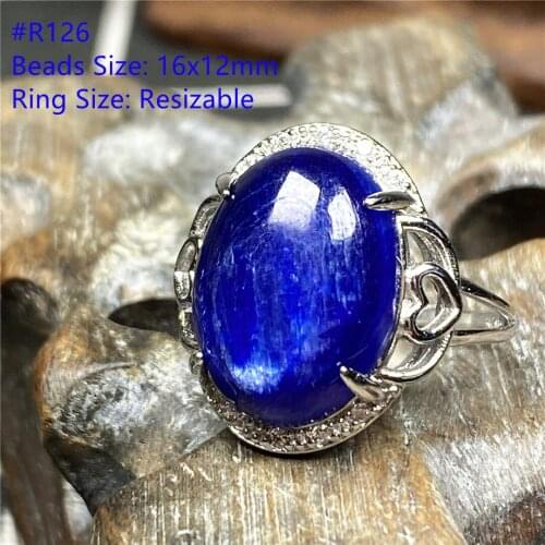 Natural Blue Kyanite Crystal Ring Jewelry For Women Men Luck Gift 16x12mm Beads Silver Beauty Cat Eye Stone Adjustable Ring AAAA