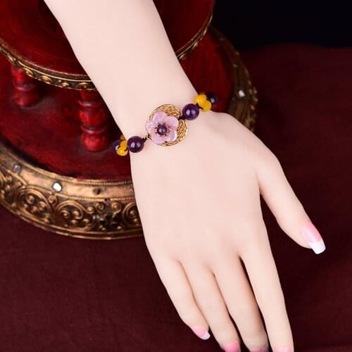 Original Vintage Violet Crystal Beads Strand Bracelets 20MM Pink Shell Flower Personal Color Retaining Copper Charm Bracelets