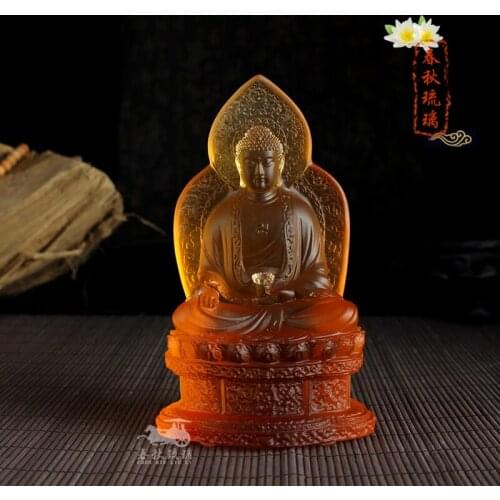 Sambo Buddha glazed ornaments Shakya Muni Buddha worship Amitabha glass ornaments Home Furnishing 15 cm high