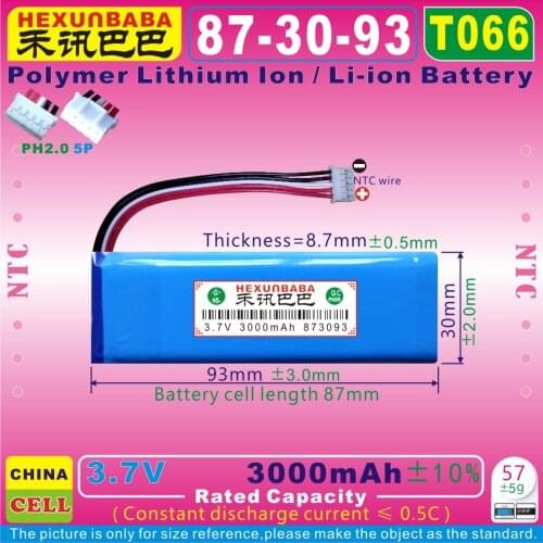 [T066] 3.7V 3000mAh [962998] PH2.0/5P;NTC;3 WIRE;Polymer lithium ion battery for JBL Flip3 GRAY Speaker;GSP872693;P763098 03
