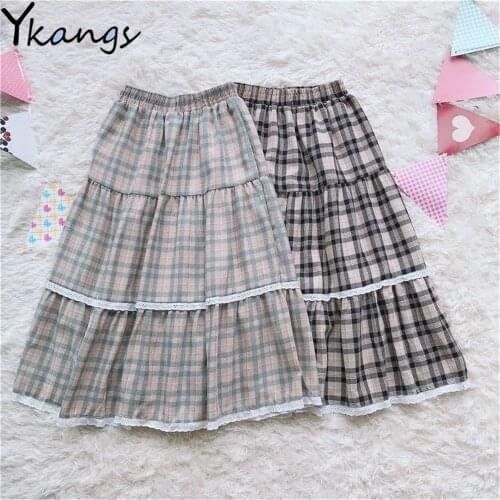 Japanese Sweet Girls Pleated Plaid Skirt Vintage Female Student High Waist Simple A-Line Skirt Women Lace Cake Skirt Streetwear