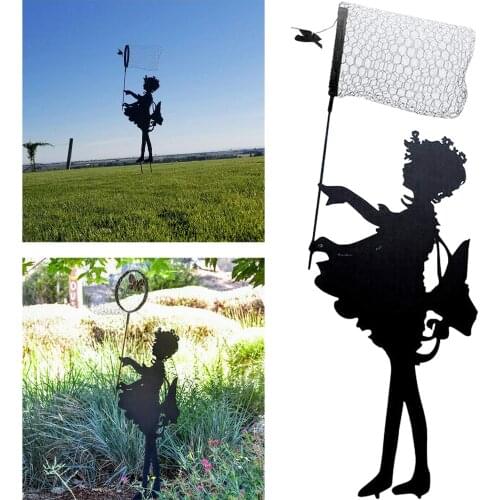 Iron Art Retro Fairy Garden Stakes Butterfly Girl Statue Sculpture Decor Yard Lawn Patio Decoration For Gardening Plant
